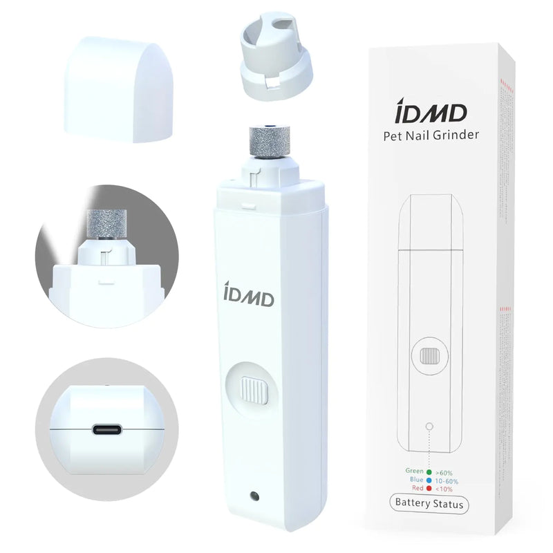 IDMD Dog Nail Trimmers-Powerful 2-Speed Dog Nail Grinder-with Safe LED Lighting and Battery Capacity Indicator Light & Type-c USB Rechargeable Quiet pet Nail Grinder Clipper for Dogs/Cats (White)